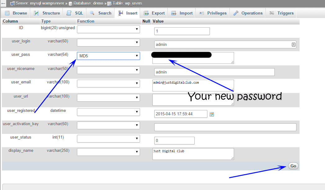 Change WordPress Password Using phpmyadmin