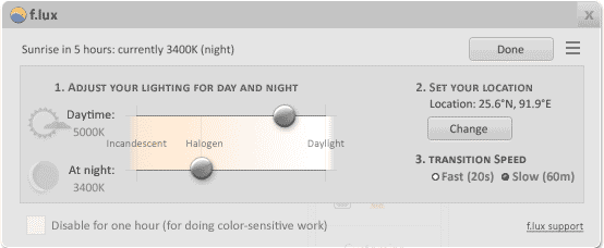 Configured f.lux Settings