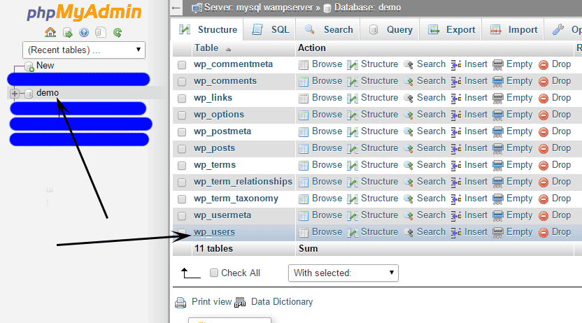 Select Site Database In phpmyadmin