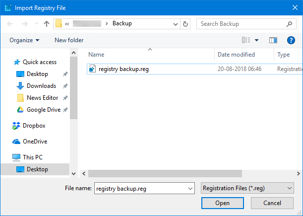 Browse the Registry File to Restore Windows Registry