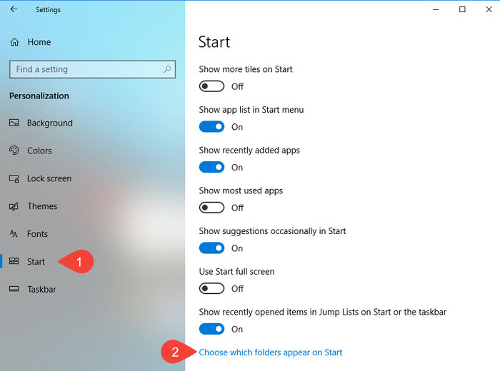 Choose which folders appear on Start menu