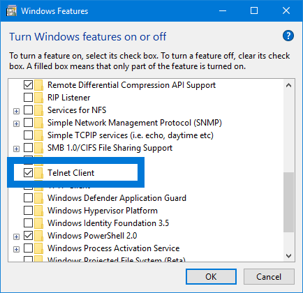 Enable Telnet Client In Windows Features