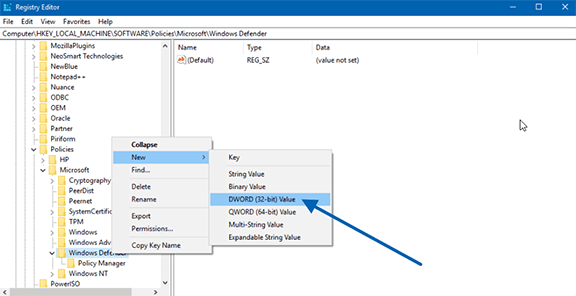 Disable Windows Defender Using Registry Editor