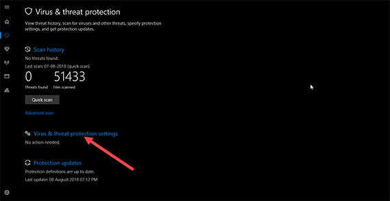 Virus & threat protection settings in Windows Defender